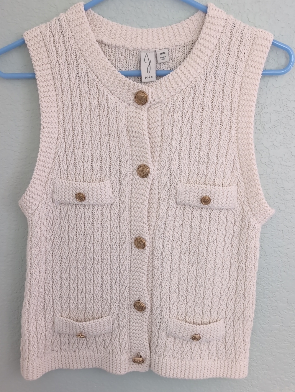 Joie Cream Cable-Knit Sleeveless Cardigan with Gold Buttons
